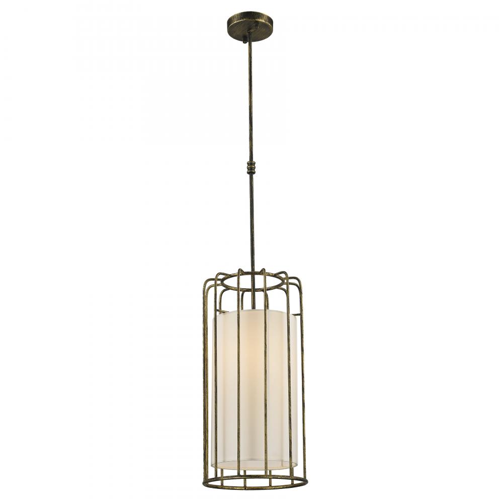 Sprocket 1-Light Metal Cage Pendant Light in Antique Bronze Finish with Ivory Shade 10 in. Dia x 20