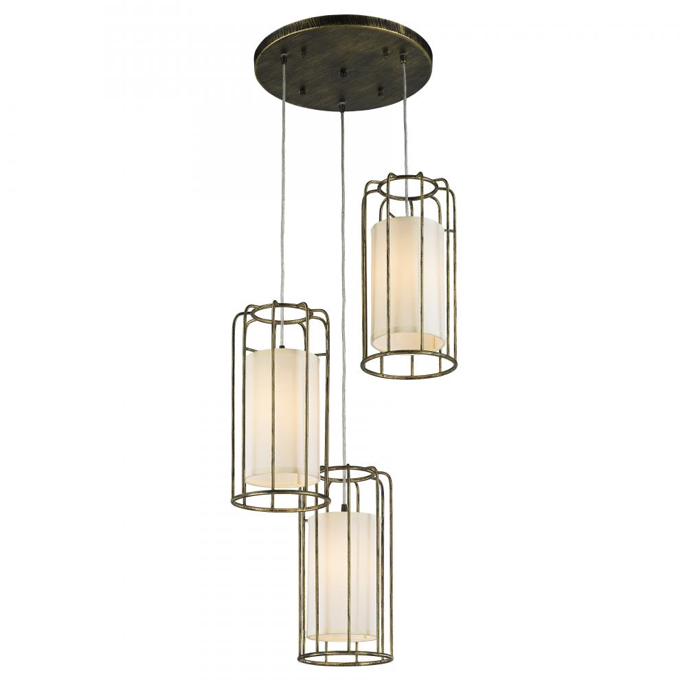 Sprocket 3-Light Metal Cage Kitchen Island Cluster Pendant in Antique Bronze Finish with Ivory Shade