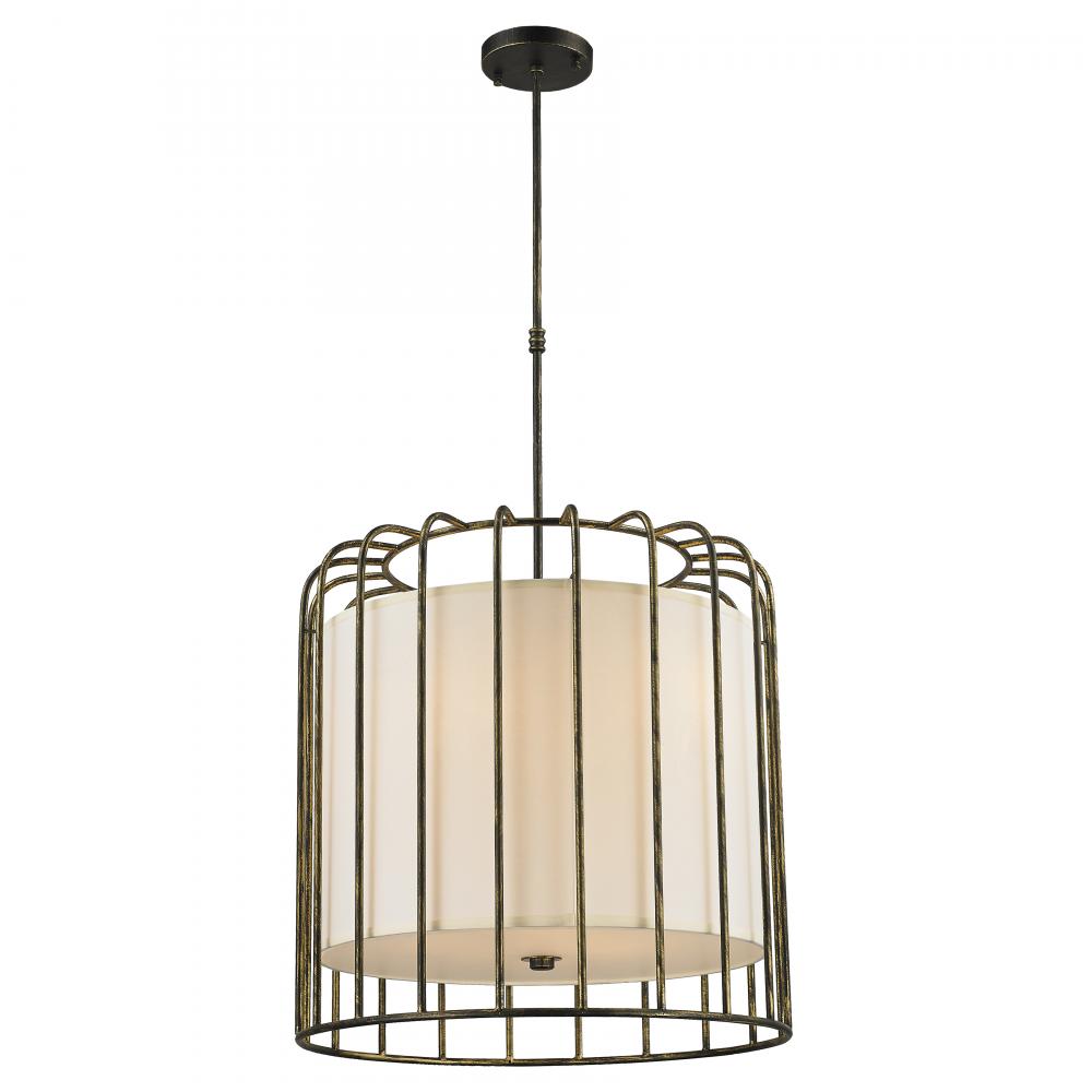 Sprocket 9-Light Metal Cage Pendant Light in Antique Bronze Finish with Ivory Shade 24 in. Dia x 24