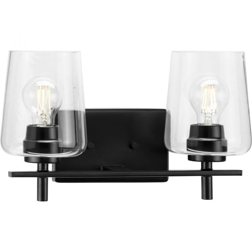 Calais Collection Two-Light New Traditional Matte Black Clear Glass Bath Vanity Light