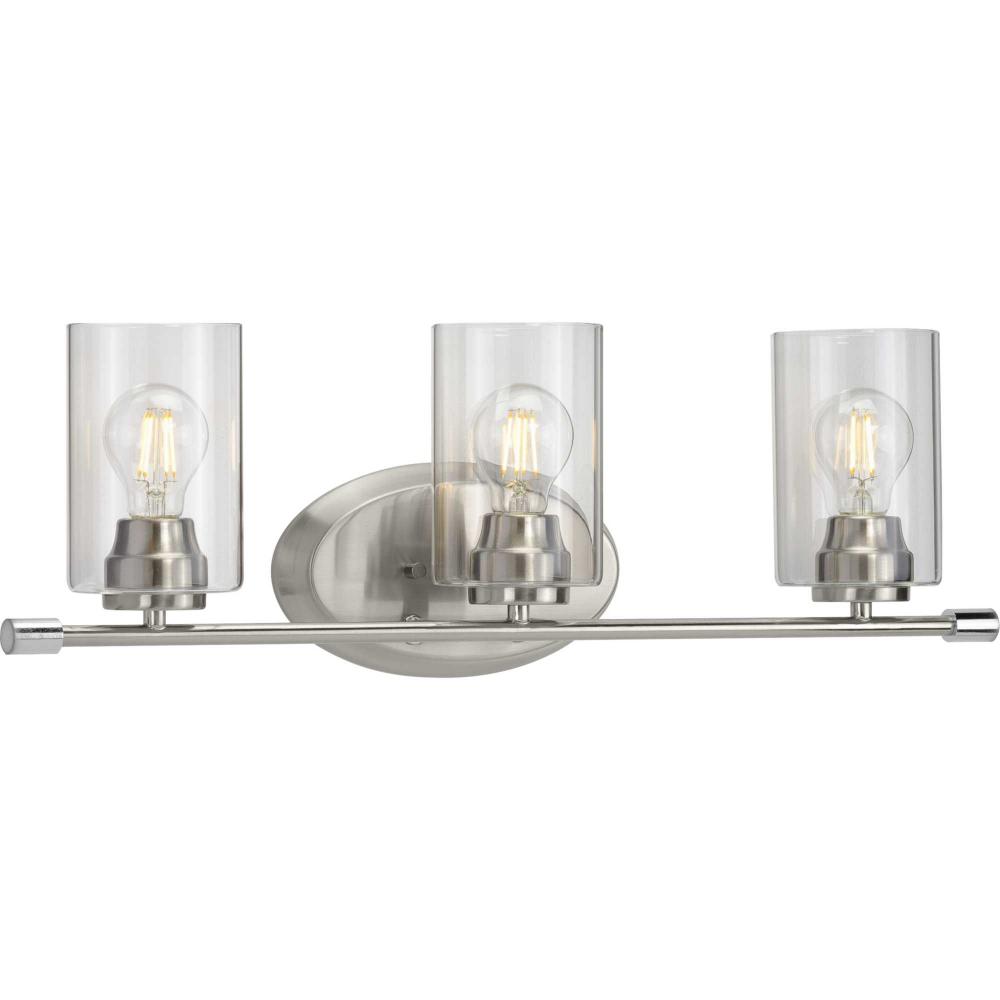 Riley Collection Three-Light Brushed Nickel Clear Glass Modern Bath Vanity Light